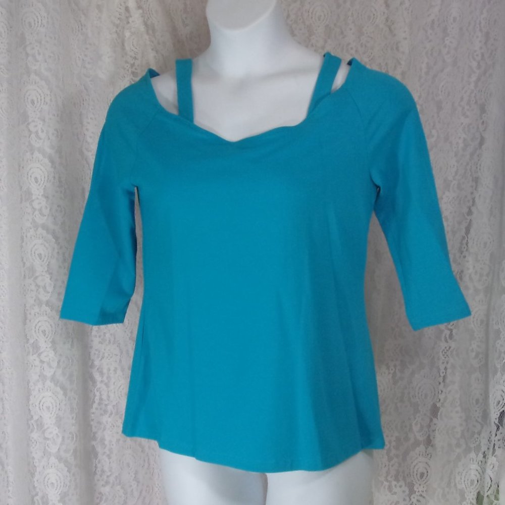 Bay Studio Bright Turquoise Blue Cold Shoulder Top Blouse NWOT Size L